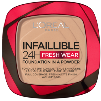 L'Oréal Infallible 24H Fresh Wear podkład w pudrze, beżowy kompakt z czerwonym wzorem, widok z góry.