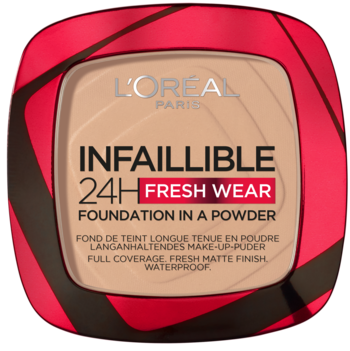 Puder matujący L'Oréal Paris Infaillible 24H Fresh Wear, beżowy kompakt z czerwonym wzorem, widok z góry.