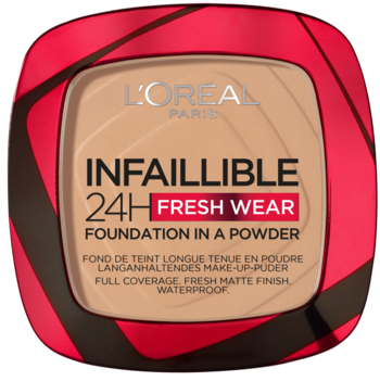 L'Oréal Infaillible 24H Fresh Wear matujący podkład w pudrze, beżowy, w czerwono-czarnym kwadratowym kompakcie.