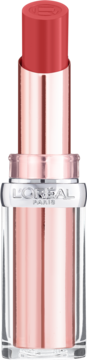 L'Oréal Paris Glow Paradise balsam w pomadce o koralowym odcieniu, widok wysuniętego sztyftu i rose gold opakowania.