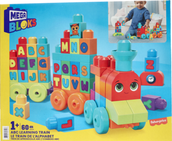 Mega Bloks ABC Learning Train, 60-elementowy pociąg z klockami z literami od A do Z, widok z przodu.