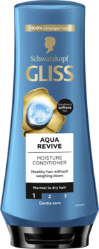 Niebieska butelka Schwarzkopf Gliss Aqua Revive Moisture Conditioner dla włosów normalnych i suchych, widok z przodu.