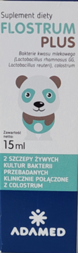 Flostrum PLUS suplement diety 15ml, biało-niebieskie opakowanie z pandą, widok z przodu.