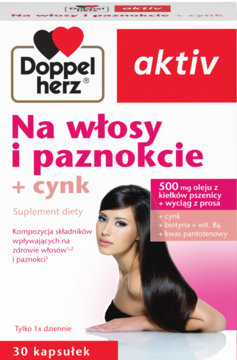 Biało-czerwone pudełko Doppelherz aktiv Na włosy i paznokcie + cynk, z wizerunkiem kobiety i tekstem „30 kapsułek”.