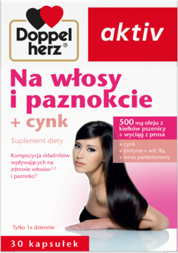 Białe pudełko Doppelherz aktiv Na włosy i paznokcie + cynk, z wizerunkiem kobiety i różowym panelem składników odżywczych, widok przód.