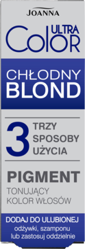 Joanna Ultra Color Chłodny Blond pigment do włosów z 3 sposobami użycia, szare opakowanie, widok z przodu.