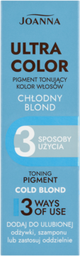 Joanna Ultra Color toning pigment do włosów Chłodny Blond. Błękitne opakowanie, widok z przodu, 3 sposoby użycia.