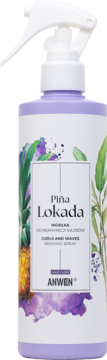 Anwen Pina Lokada, fioletowa mgiełka do włosów kręconych i falowanych, butelka z białym sprayem.