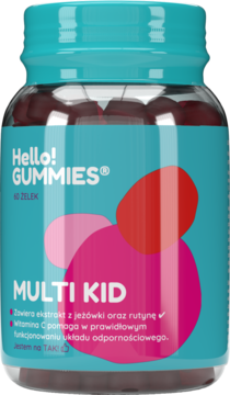 Hello! GUMMIES® MULTI KID, żelki dla dzieci na odporność. Turkusowy słoik, kolorowa etykieta, widok z przodu.