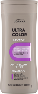 JOANNA Ultra Color ,szampon do włosów eliminujący żółtawy odcień, Srebrne, Srebrne, Popielate Odcienie Blond, fioletowy,przód