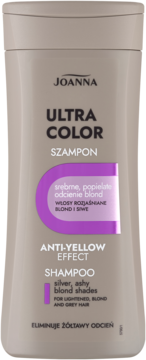 Szampon Joanna Ultra Color Anti-Yellow, szara butelka z fioletem, na srebrne blond i siwe włosy.