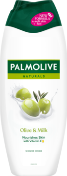 Palmolive Naturals Olive & Milk Shower Cream, biała butelka z oliwkami i mlekiem, widok z przodu.