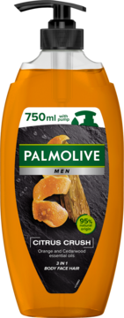 Palmolive Men Citrus Crush 3w1, pomarańczowy żel 750ml z pompką, z olejkiem pomarańczy i cedru, przód.
