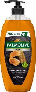 Palmolive Men Citrus Crush 3w1, pomarańczowy żel 750ml z pompką, z olejkiem pomarańczy i cedru, przód.