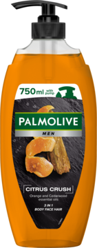 Pomarańczowy żel Palmolive Men Citrus Crush 3w1, 750ml z czarną pompką, na etykiecie pomarańcze i cedr.