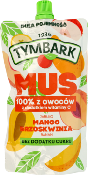 Biała saszetka Tymbark Mus 100% z owoców: jabłko, mango, brzoskwinia, banan. Zielona nakrętka, bez cukru.
