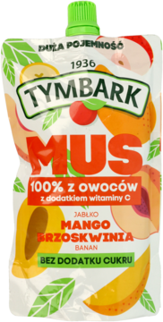 Biała saszetka Tymbark Mus 100% z owoców: jabłko, mango, brzoskwinia, banan. Zielona nakrętka, bez cukru.