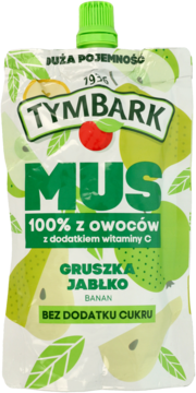 Biała saszetka Tymbark Mus o smaku gruszki, jabłka i banana, z zieloną nakrętką, widok z przodu, bez dodatku cukru.