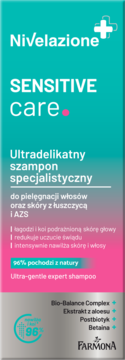 Nivelazione Sensitive Care, szampon specjalistyczny do włosów i skóry z łuszczycą, turkusowa butelka, widok z przodu.