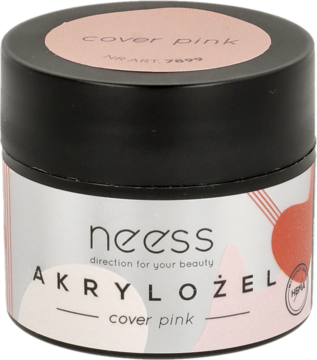 Okrągły słoik akrylożelu Neess Cover Pink z czarną nakrętką i jasnoróżową etykietą, widok z góry.
