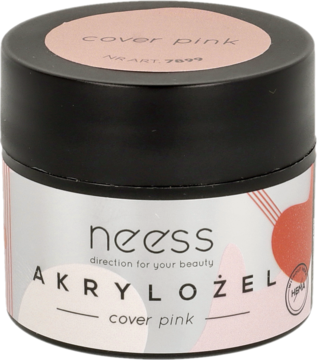 Okrągły słoik akrylożelu Neess Cover Pink z czarną nakrętką i jasnoróżową etykietą, widok z góry.