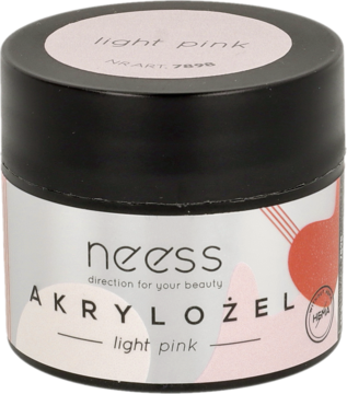 Akrylożel Neess light pink w czarnym słoiczku z różową etykietą, widok z przodu, delikatne detale.
