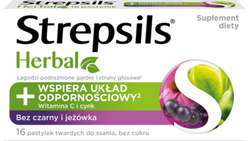 Białe opakowanie Strepsils Herbal z zielonym i fioletowym logo, suplement diety z bzem i jeżówką, widok z przodu.