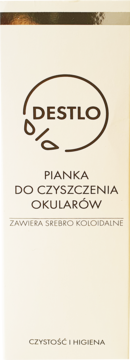 Destlo pianka do czyszczenia okularów ze srebrem koloidalnym, beżowa butelka, widok z przodu.