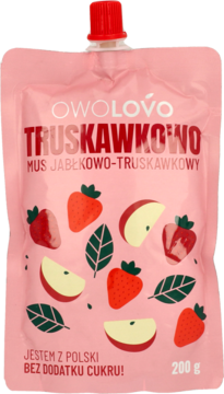 Różowa saszetka musu owocowego Owolovo Jabłkowo-Truskawkowego 200g, bez dodatku cukru, widok z przodu.