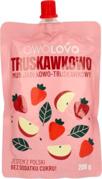 Różowa saszetka musu owocowego Owolovo Jabłkowo-Truskawkowego 200g, bez dodatku cukru, widok z przodu.