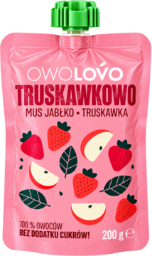 Różowy mus OwoLovo truskawka-jabłko 200g, z ilustracjami owoców, bez dodatku cukru, widok z przodu.