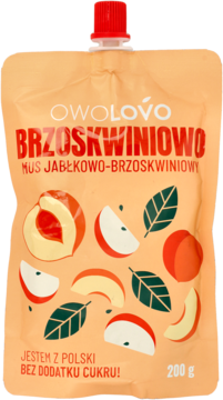 Owolovo mus jabłkowo-brzoskwiniowy w beżowej saszetce 200g, z owocami i napisem bez dodatku cukru.