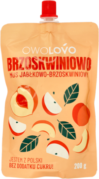 Owolovo mus jabłkowo-brzoskwiniowy w beżowej saszetce 200g, z owocami i napisem bez dodatku cukru.