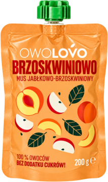 Mus owocowy Owolovo Jabłkowo-Brzoskwiniowy w pomarańczowej saszetce z zieloną zakrętką, z ilustracjami owoców.