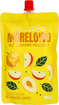 Żółta saszetka musu OWOLOVO jabłkowo-morelowego 200g, z czerwoną nakrętką i grafikami owoców, widok z przodu.