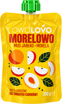 Żółta saszetka musu OWO LOVO MORELOWO jabłkowo-morelowego, zielona nakrętka, grafika owoców, 100% owoców bez cukru.