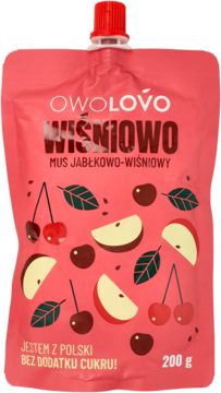 Frontalny widok czerwonej saszetki Owolovo mus jabłkowo-wiśniowy 200g, z owocami i "bez cukru".