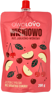 Frontalny widok czerwonej saszetki Owolovo mus jabłkowo-wiśniowy 200g, z owocami i "bez cukru".