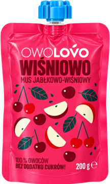 Różowa saszetka Owolovo Mus Jabłkowo-Wiśniowy, 200g, z niebieską nakrętką, 100% owoców, widok z przodu.