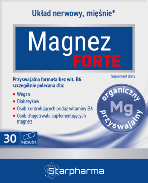 Magnez Forte Starpharma, suplement diety na mięśnie i nerwy, niebiesko-białe pudełko, 30 kapsułek, widok z przodu.