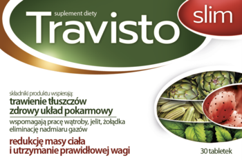 Travisto slim, suplement diety w białym pudełku, wspiera trawienie, redukcję wagi, z grafiką warzyw, widok z przodu.