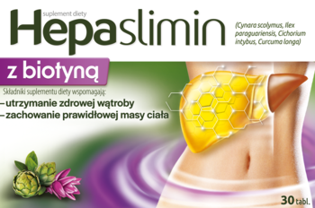 HepaSlimin z biotyną, opakowanie suplementu na wątrobę i wagę, z grafiką wątroby i roślin, widok z przodu.