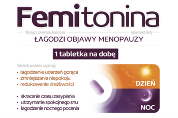 Białe opakowanie Femitonina, suplementu diety na menopauzę, z fioletowym napisem i grafiką dnia i nocy.