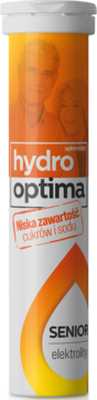 Hydro Optima Senior elektrolity w białej tubce, etykieta z seniorami i napisem niskocukrowe, widok z przodu.