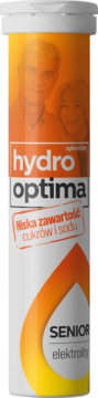 Biało-pomarańczowa tuba Hydro Optima Senior Elektrolity, widok z przodu. Podkreślona niska zawartość cukrów i sodu.