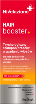 Nivelazione Hair Booster, czerwono-srebrny szampon przeciw wypadaniu włosów, widok z przodu.