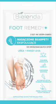 Bielenda Foot Remedy+, nasączone skarpety eksfoliujące z mocznikiem i AHA, w białym opakowaniu z przodu.