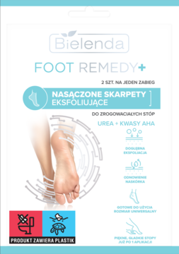 Biała saszetka Bielenda Foot Remedy+ z grafiką stopy. Skarpetki eksfoliujące z mocznikiem i kwasami AHA na zrogowaciałe stopy.