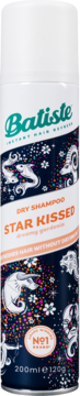 Suchy szampon Batiste Star Kissed, ciemne opakowanie z białymi jednorożcami i kolorowymi gwiazdkami, widok z przodu.