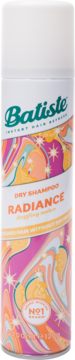 Batiste Radiance dry shampoo 200ml, biała puszka z fuksjowo-pomarańczowym wzorem, widok z przodu.